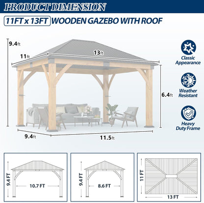 11' X 13' Wooden Gazebo with Galvanized Steel Roof, Outdoor Spruce Wood Patio Gazebo, Heavy-Duty Hardtop Gazebo for Garden, Poolside, Deck & Backyard