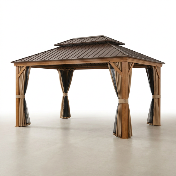 12-Ft X 16 Gazebo Brown Gazebo with Hardtop Roof (Screen Included) — Studio Shot