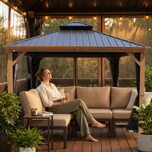 Outdoor Gazebo Built for Year-Round Use, 12x16 Galvanized Steel Hardtop, Mosquito Screen, Aluminum Frame