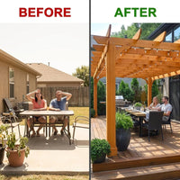 12X16 FT All Cedar Wood Wooden Pergola, Pergola Kit with Stakes, Quality Wood Supported Structure, Snow and Wind Supported, Outdoor Garden Shelter with Cedar Framed for Backyard, Deck, Lawn — Before & After