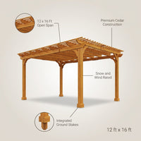12X16 FT All Cedar Wood Wooden Pergola, Pergola Kit with Stakes, Quality Wood Supported Structure, Snow and Wind Supported, Outdoor Garden Shelter with Cedar Framed for Backyard, Deck, Lawn — infographic