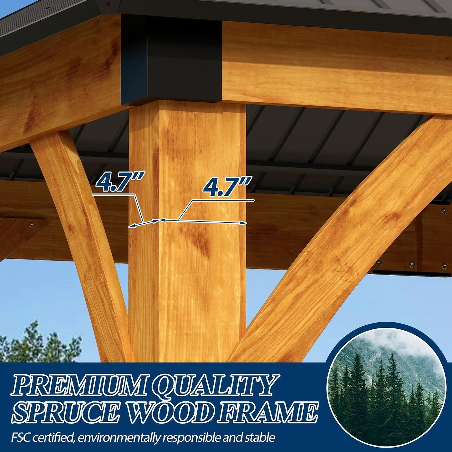 11' X 13' Wooden Gazebo with Galvanized Steel Roof, Outdoor Spruce Wood Patio Gazebo, Heavy-Duty Hardtop Gazebo for Garden, Poolside, Deck & Backyard