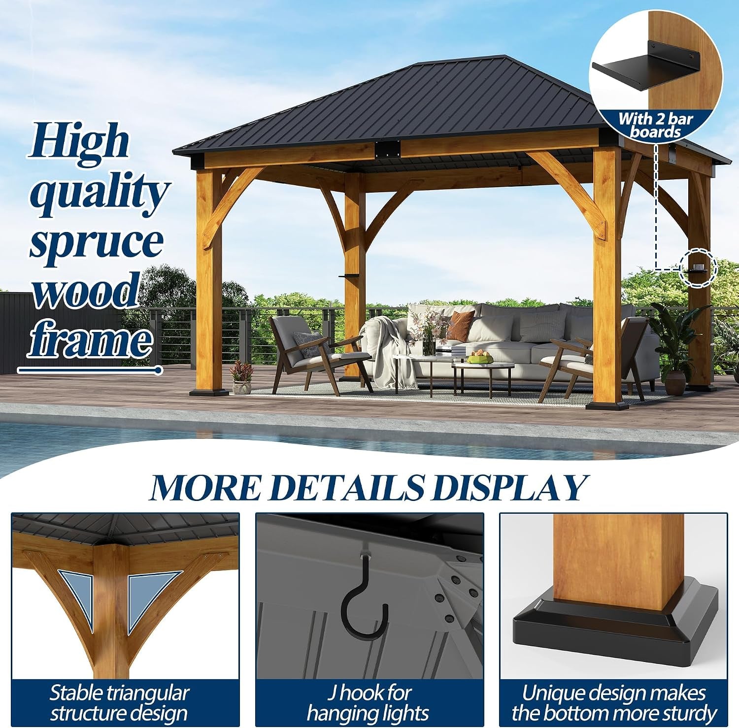 11' X 13' Wooden Gazebo with Galvanized Steel Roof, Outdoor Spruce Wood Patio Gazebo, Heavy-Duty Hardtop Gazebo for Garden, Poolside, Deck & Backyard