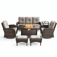 7 Piece Outdoor Patio Furniture Set, Patio Furniture Set with Fire Pit Table Rattan Wicker Patio Furniture Set, Brown Wicker & Beige Cushion