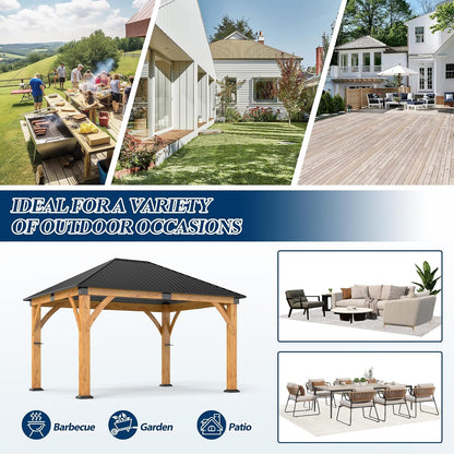 11' X 13' Wooden Gazebo with Galvanized Steel Roof, Outdoor Spruce Wood Patio Gazebo, Heavy-Duty Hardtop Gazebo for Garden, Poolside, Deck & Backyard