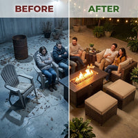 7 Piece Outdoor Patio Furniture Set, Patio Furniture Set with Fire Pit Table Rattan Wicker Patio Furniture Set, Brown Wicker & Beige Cushion — Before & After