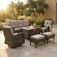 7 Piece Outdoor Patio Furniture Set, Patio Furniture Set with Fire Pit Table Rattan Wicker Patio Furniture Set, Brown Wicker & Beige Cushion — Studio Shot