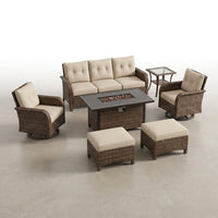 7 Piece Outdoor Patio Furniture Set, Patio Furniture Set with Fire Pit Table Rattan Wicker Patio Furniture Set, Brown Wicker & Beige Cushion — Studio Shot
