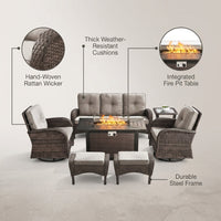 7 Piece Outdoor Patio Furniture Set, Patio Furniture Set with Fire Pit Table Rattan Wicker Patio Furniture Set, Brown Wicker & Beige Cushion — infographic