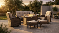 7 Piece Outdoor Patio Furniture Set, Patio Furniture Set with Fire Pit Table Rattan Wicker Patio Furniture Set, Brown Wicker & Beige Cushion — Lifestyle