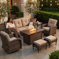 7 Piece Outdoor Patio Furniture Set, Patio Furniture Set with Fire Pit Table Rattan Wicker Patio Furniture Set, Brown Wicker & Beige Cushion — Lifestyle