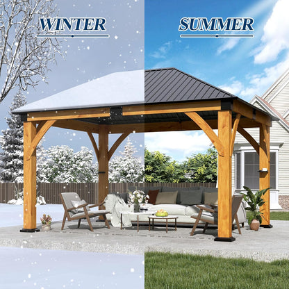 11' X 13' Wooden Gazebo with Galvanized Steel Roof, Outdoor Spruce Wood Patio Gazebo, Heavy-Duty Hardtop Gazebo for Garden, Poolside, Deck & Backyard