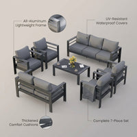 Aluminum Patio Furniture Set, 7 Piece Metal Outdoor Set, Patio Furniture Set with Waterproof Covers for Backyard Garden（Grey） — infographic