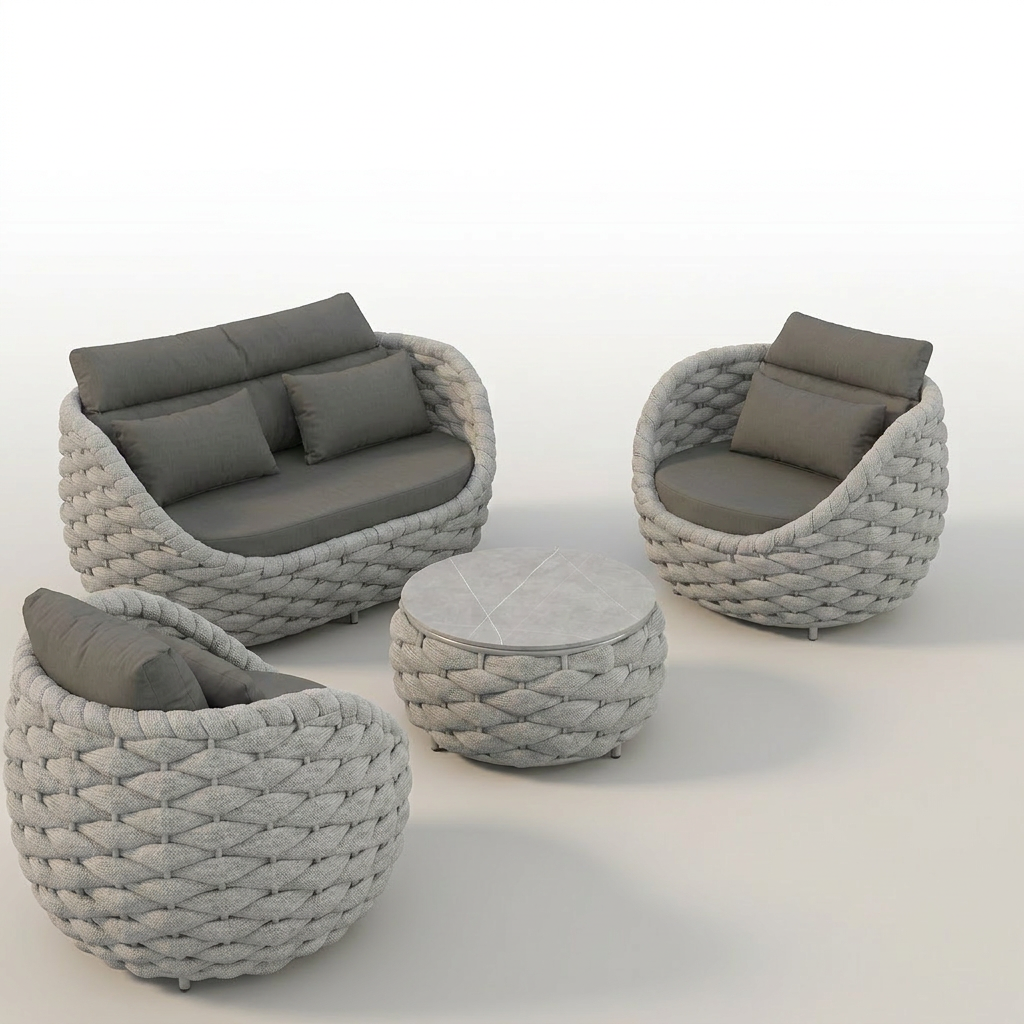 Outdoor Patio Furniture Set Built for All Weather, 6-Piece Aluminum, Olefin Rope Design, Water Repellent Cushions — Studio Shot