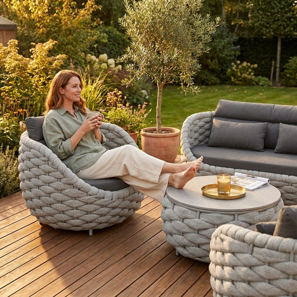 Outdoor Patio Furniture Set Built for All Weather, 6-Piece Aluminum, Olefin Rope Design, Water Repellent Cushions